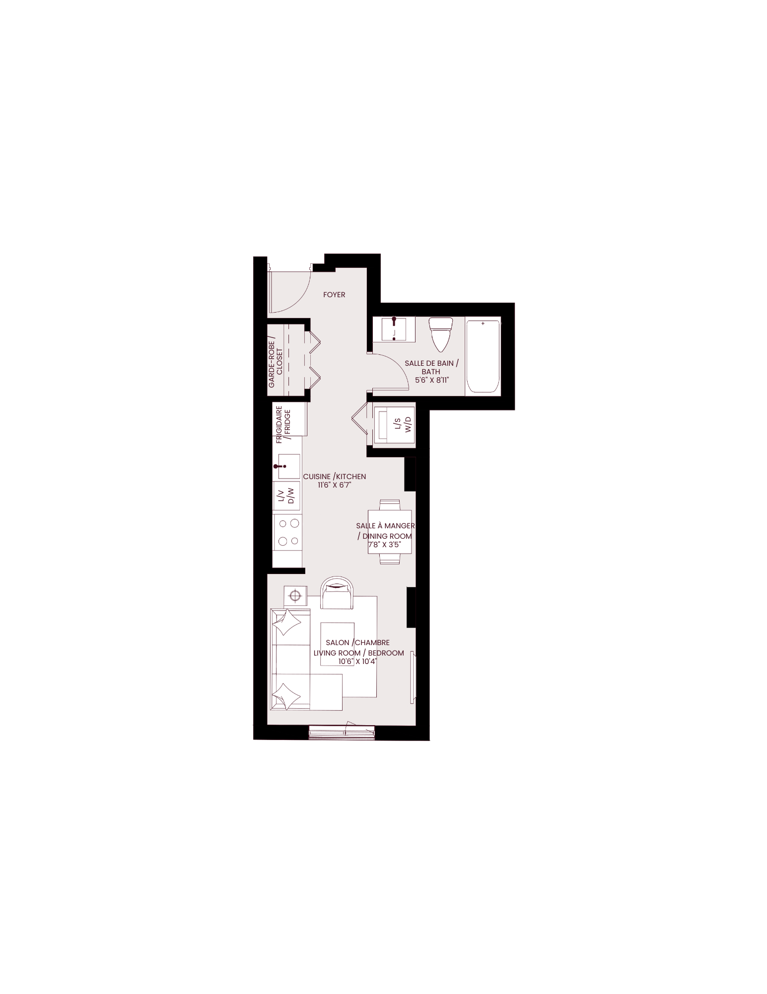 Floor plan for studio, 1 bath, 399 sqft